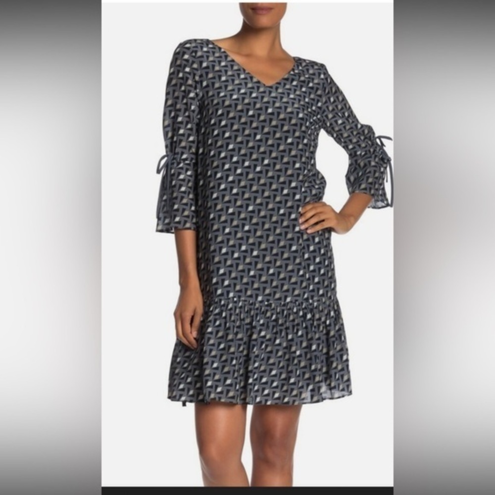 Lafayette 148 silk ANA-GRACE GLIDING GEO DROP-WAIST DRESS IN PORT BLUE MULTI L